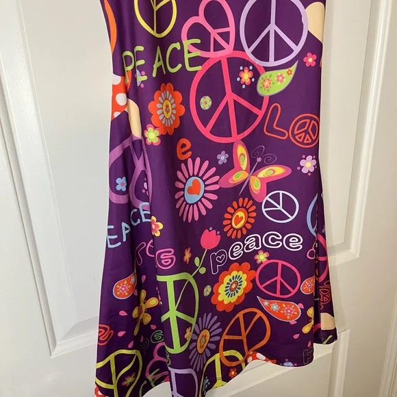 Colorful Y2K Peace Sign Butterfly Flower Power Purple Mini Dress - Picture 3 of 5